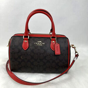 COACH Rowan Satchel Bag In Signature Canvas & Leather Walnut/Bold Red CV961 NWT